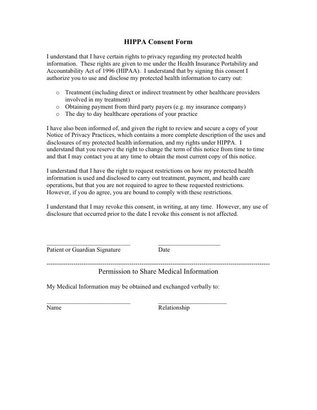 First page of the HIPAA Consent Form form