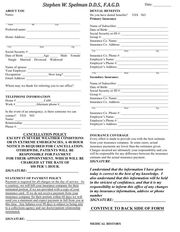 First page of the Health History form