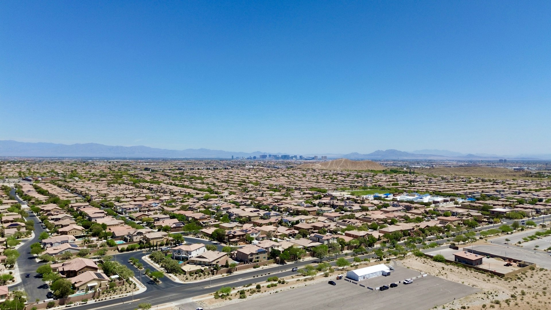 Las Vegas valley neighborhoods with the Strip visible on the horizon