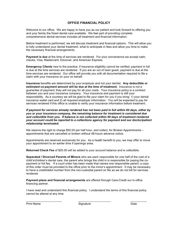 First page of the Office Financial Policy form