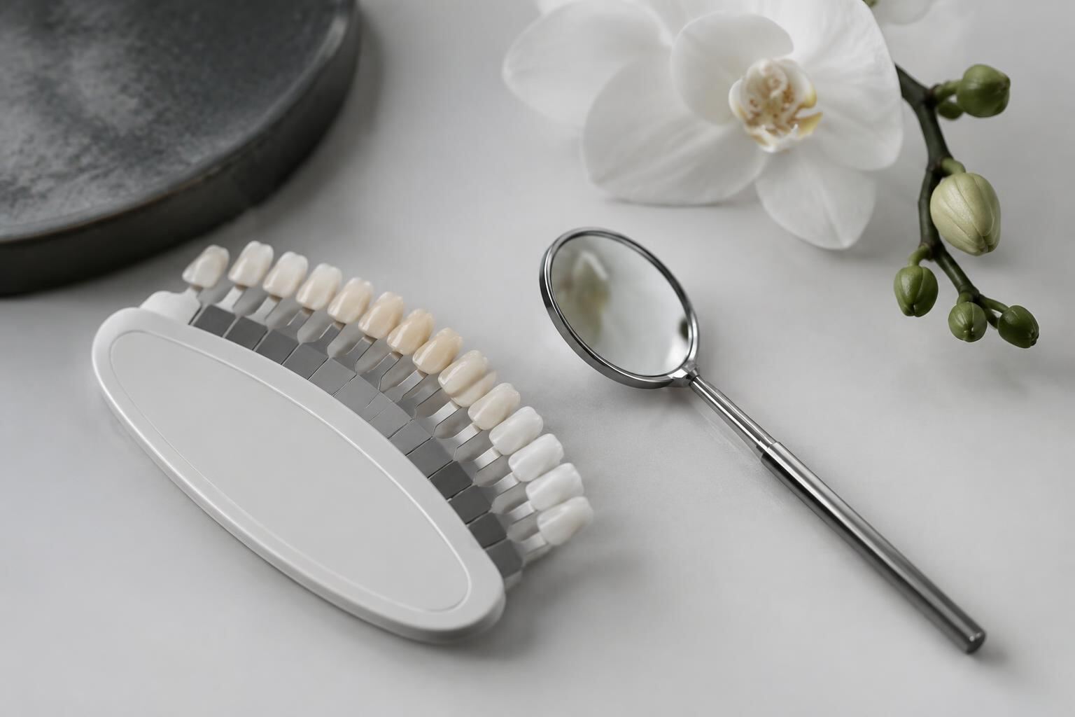 Porcelain tooth shade guide beside a dental mirror and a white orchid