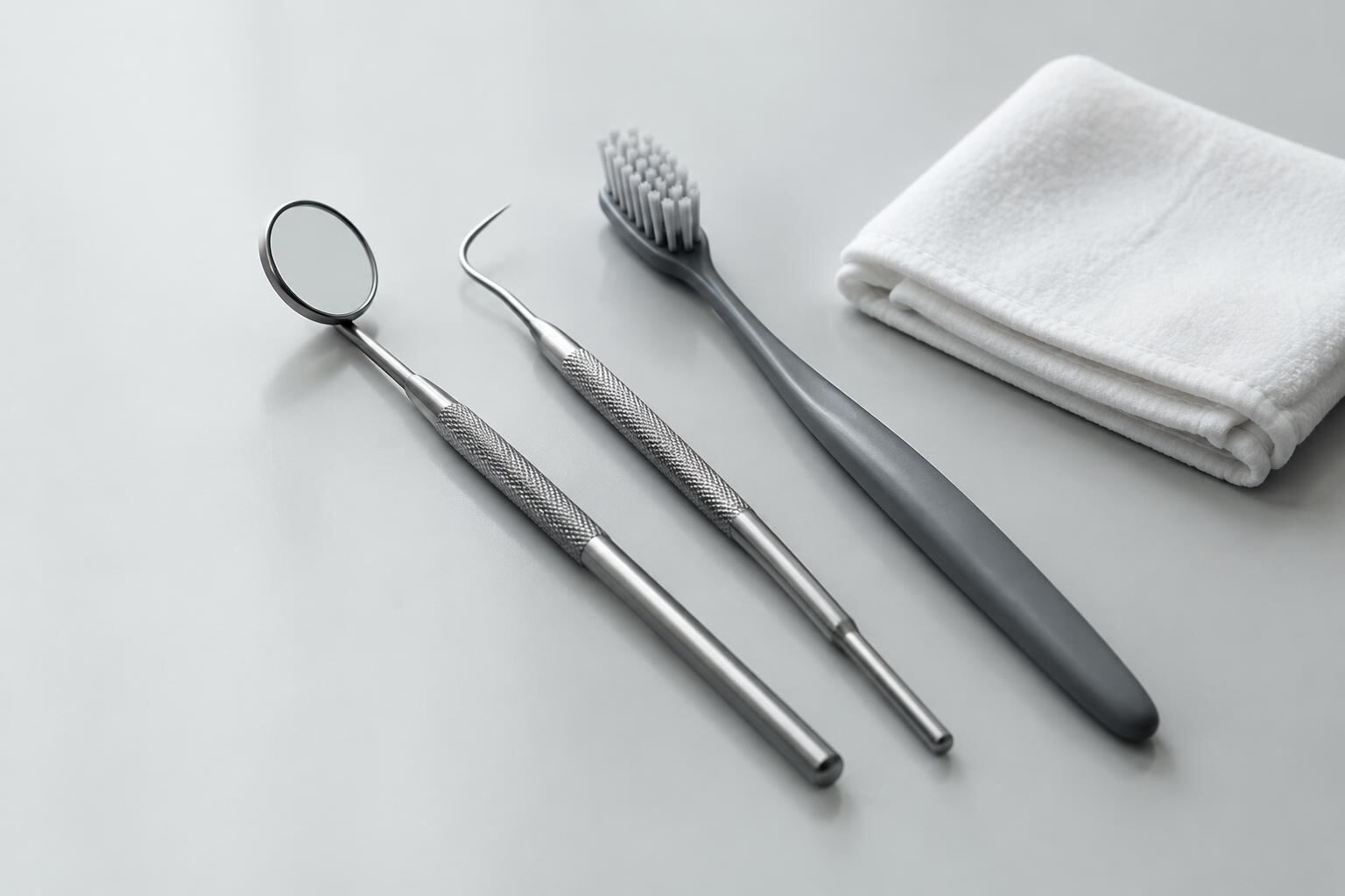 Dental mirror, explorer and toothbrush laid out on a pale grey surface