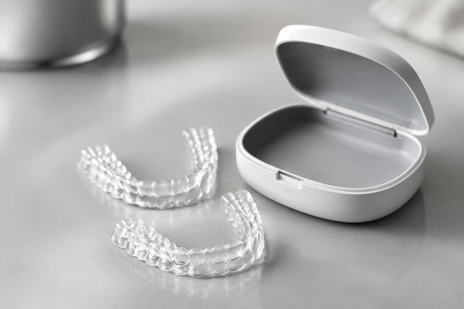 Two clear dental aligner trays beside an open white aligner case