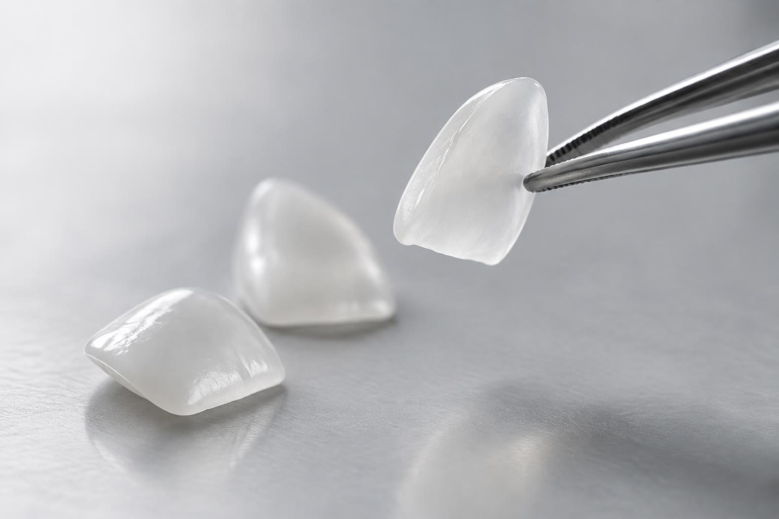 Illustration of thin porcelain veneer shells, including one held in dental tweezers